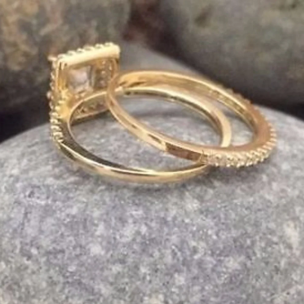 New Solid 14K Yellow Gold Princess Cut Engagement Bridal Ring band 2pc set